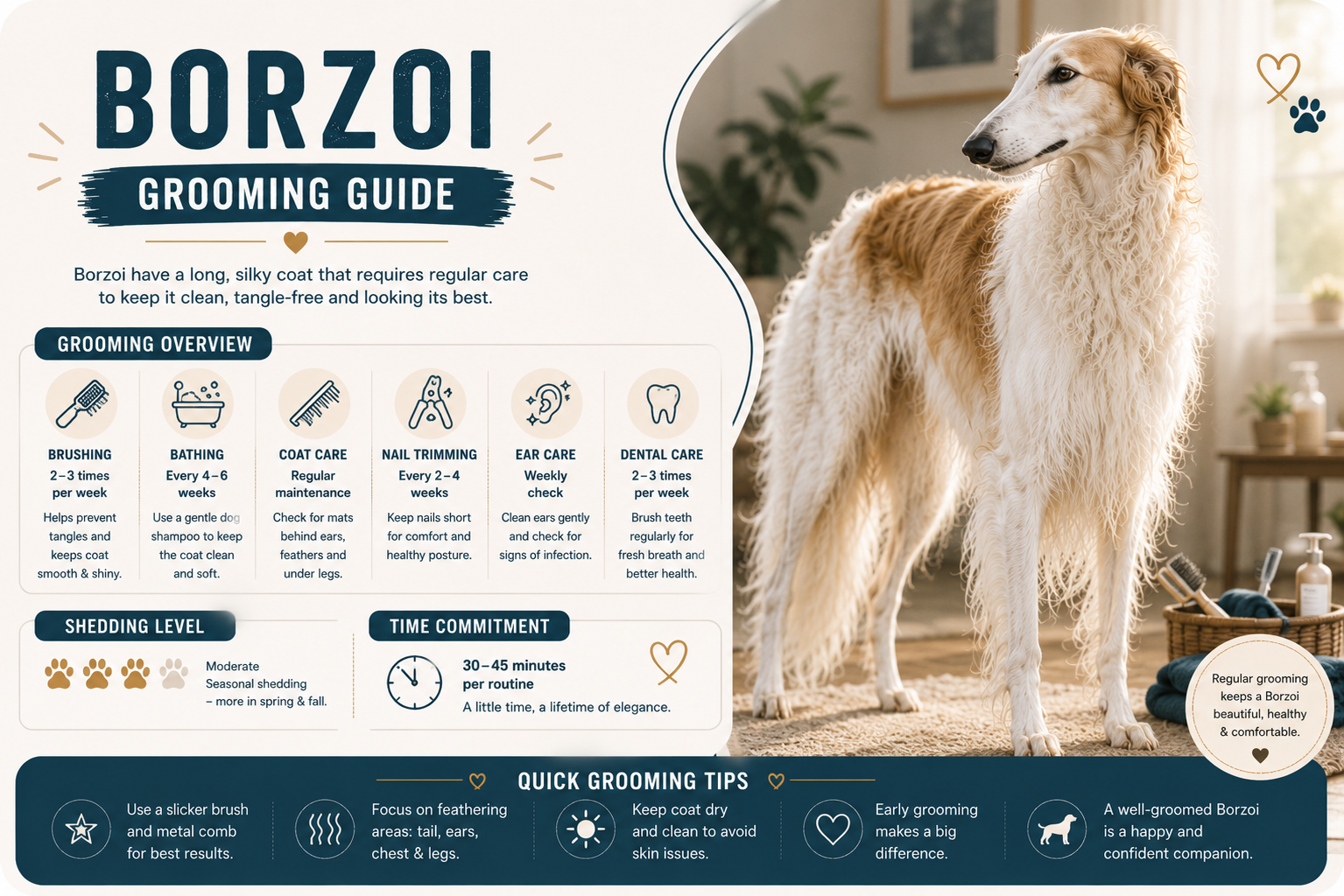 Borzoi Grooming Guide (2026): Coat Care, Brushing, Bathing & Shedding Tips